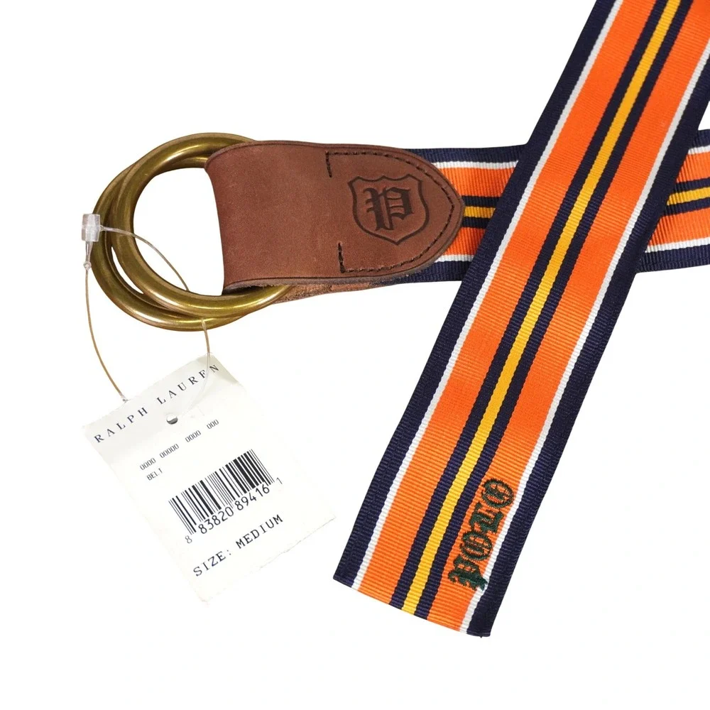 Polo Ralph Lauren Belt Mens M Orange Navy Striped D-Ring Leather Trim Preppy